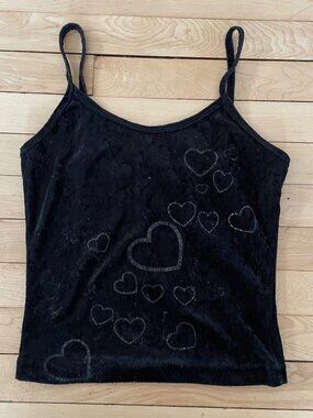 VTG 90s Black Velvet Heart Tank Top Goth Witchy Vamp Y2K Fairy Cami Glamour Chik